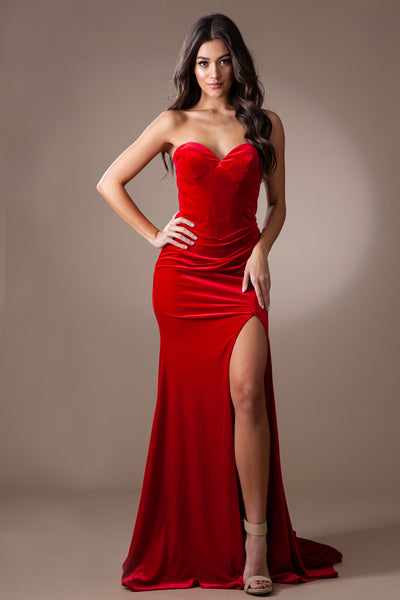 Velvet Fitted Strapless Slit Gown by Amelia Couture BZ9029V
