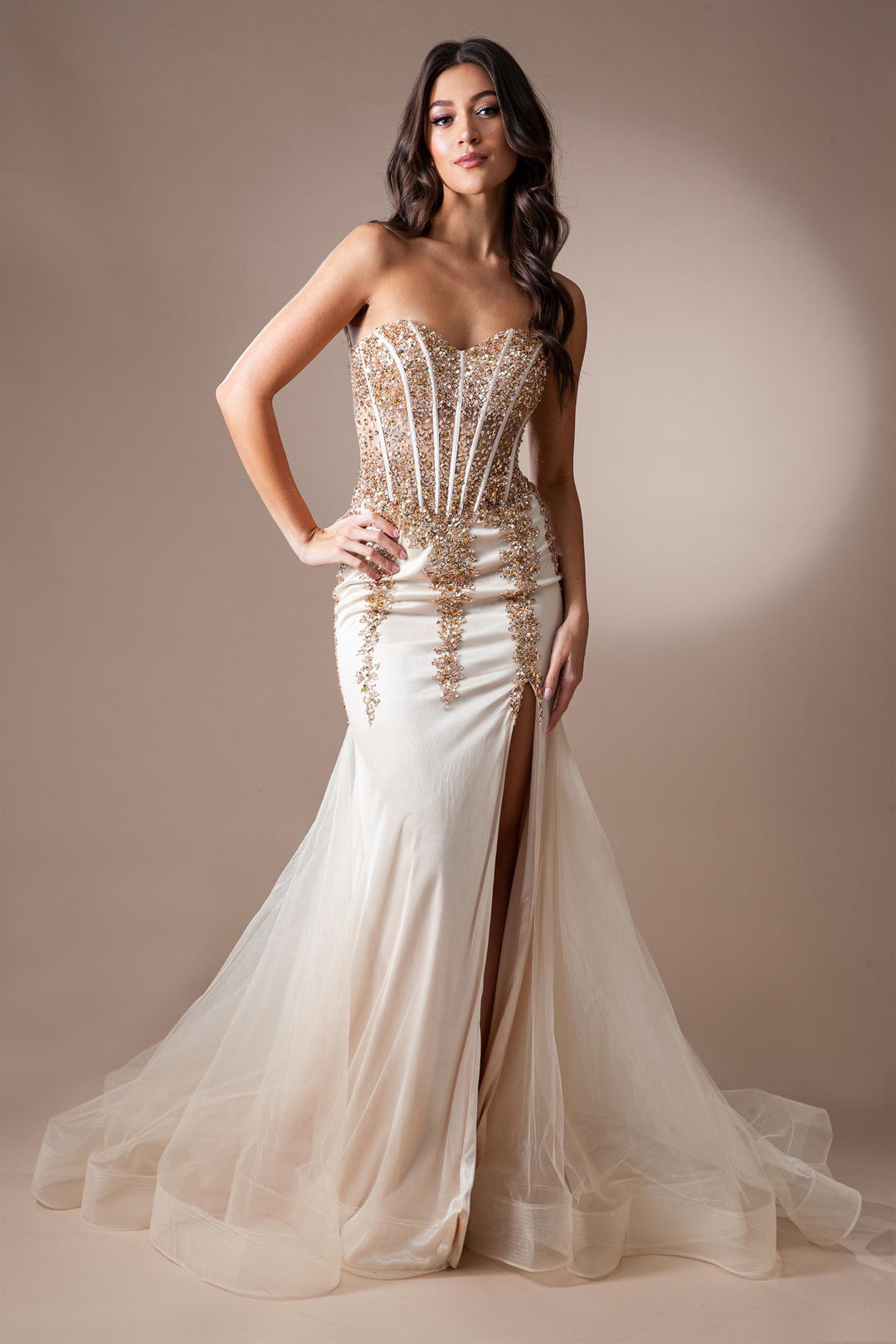 Fitted Beaded Strapless Slit Gown by Amelia Couture 7051