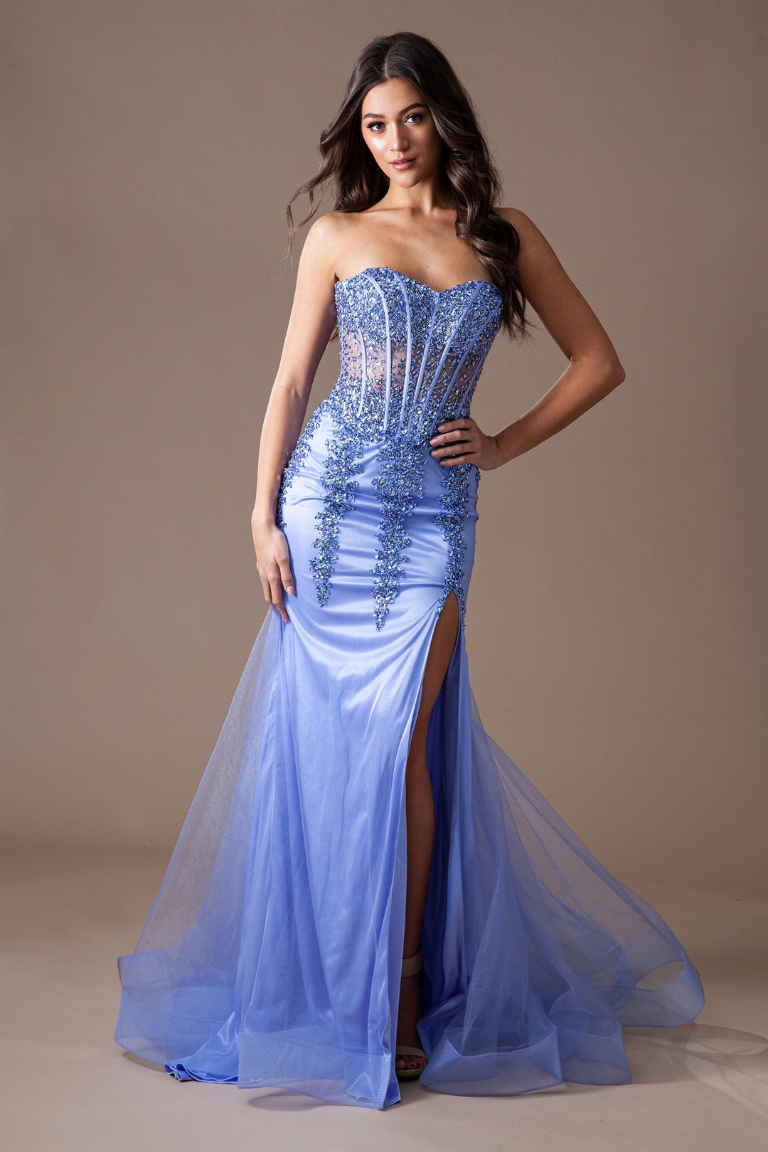 Fitted Beaded Strapless Slit Gown by Amelia Couture 7051