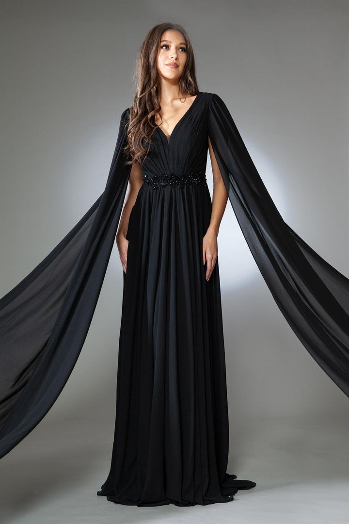 Cape Sleeve V-Neck Chiffon Gown by Amelia Couture AC0011
