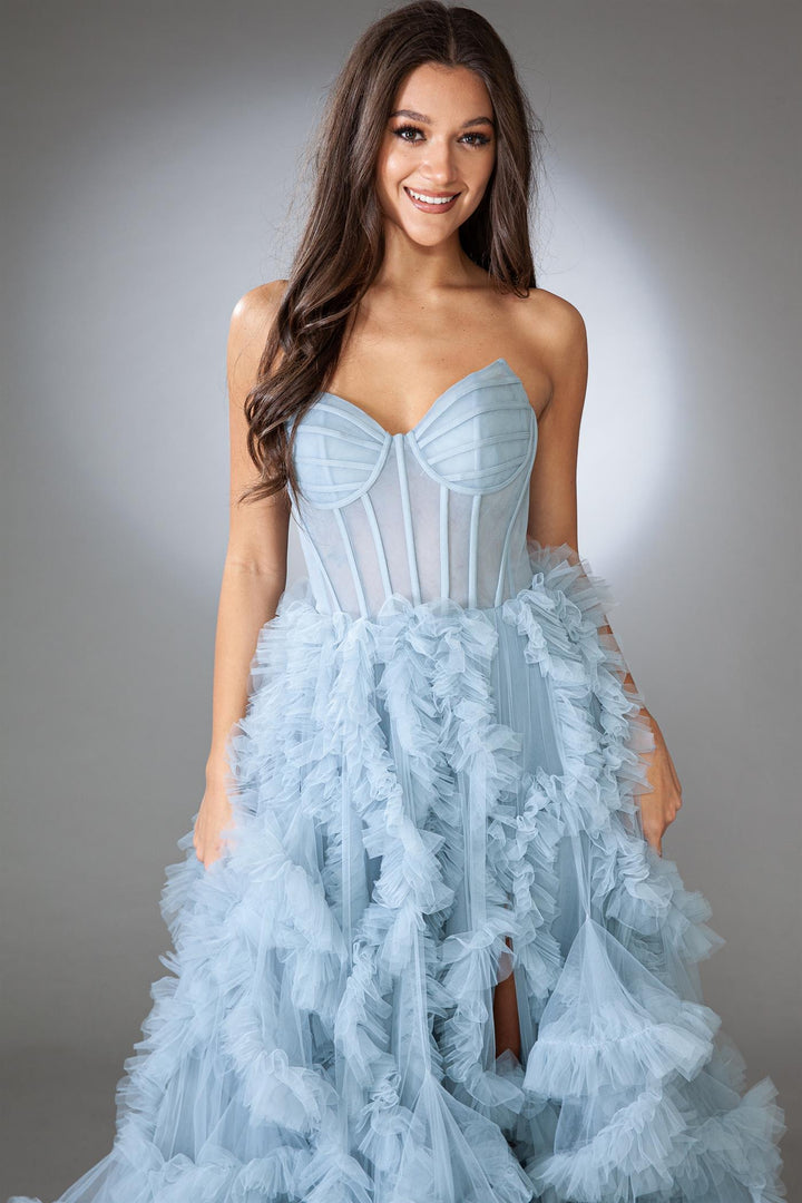 Strapless Corset Ruffled Slit Gown by Amelia Couture AC0019