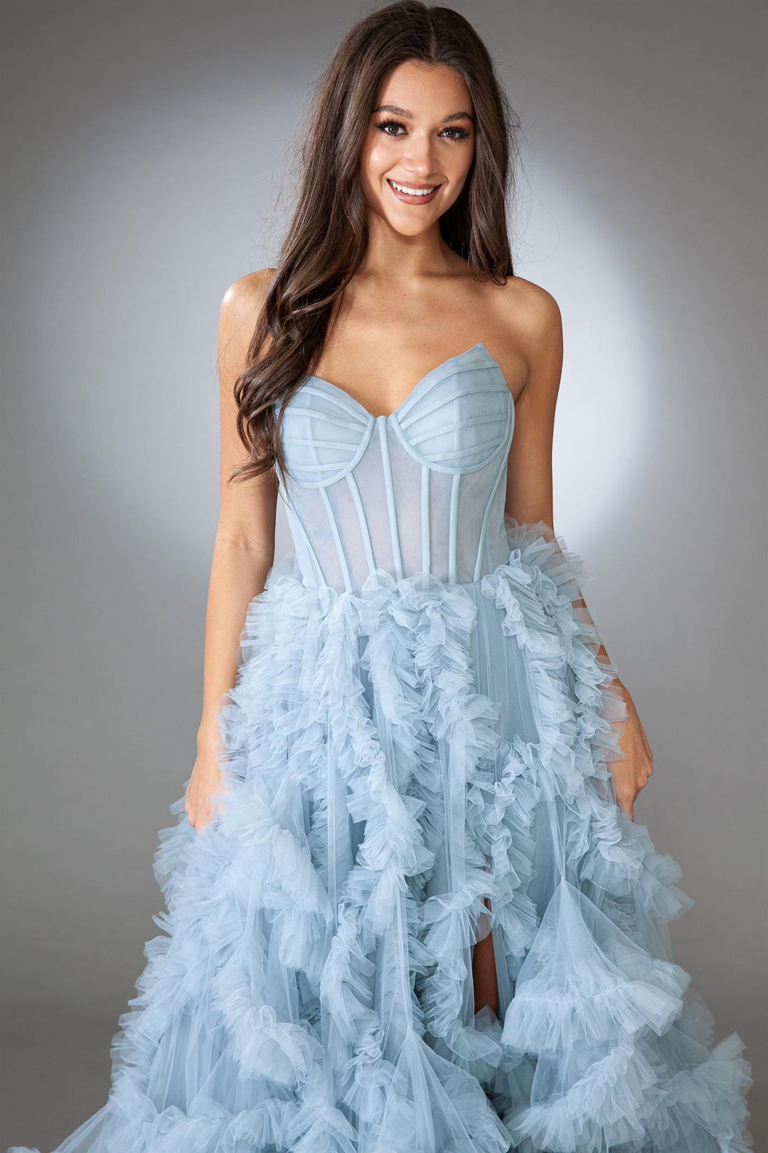 Strapless Corset Ruffled Slit Gown by Amelia Couture AC0019 - Outlet
