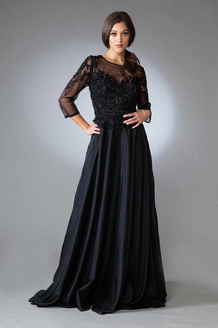 Beaded 3/4 Sleeve Velvet Chiffon Gown by Amelia Couture 7041