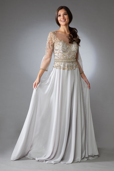 Beaded 3/4 Sleeve Velvet Chiffon Gown by Amelia Couture 7041