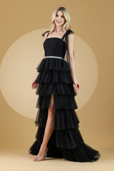 Sleeveless Tiered Ruffled Slit Gown by Amelia Couture 6125