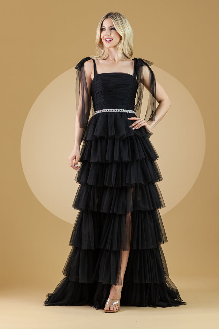Sleeveless Tiered Ruffled Slit Gown by Amelia Couture 6125
