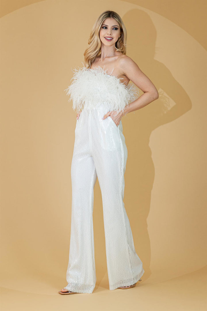 Feather Strapless Sequin Jumpsuit by Amelia Couture 3019