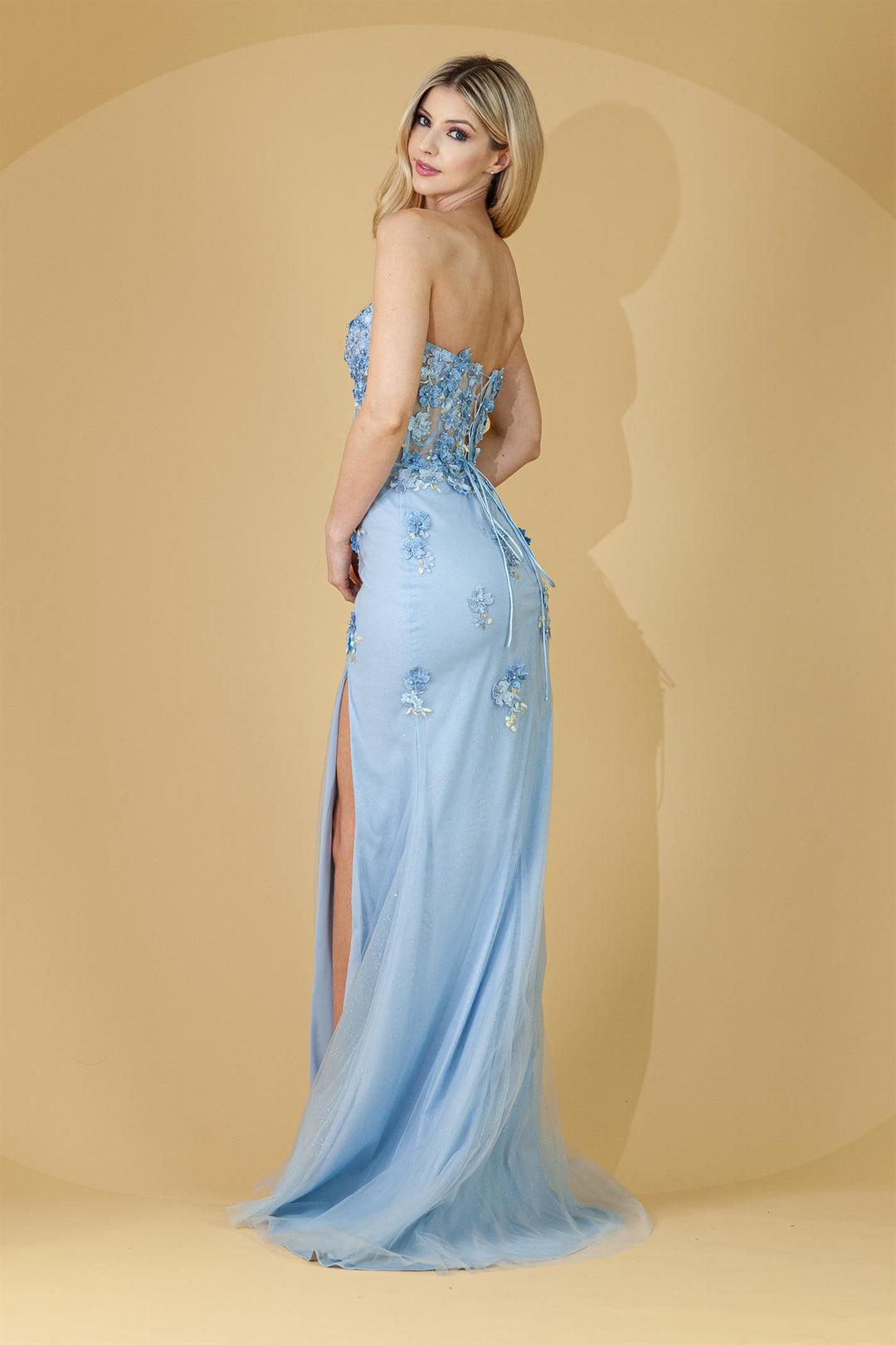 Floral Applique Strapless Corset Gown by Amelia Couture BZ9019