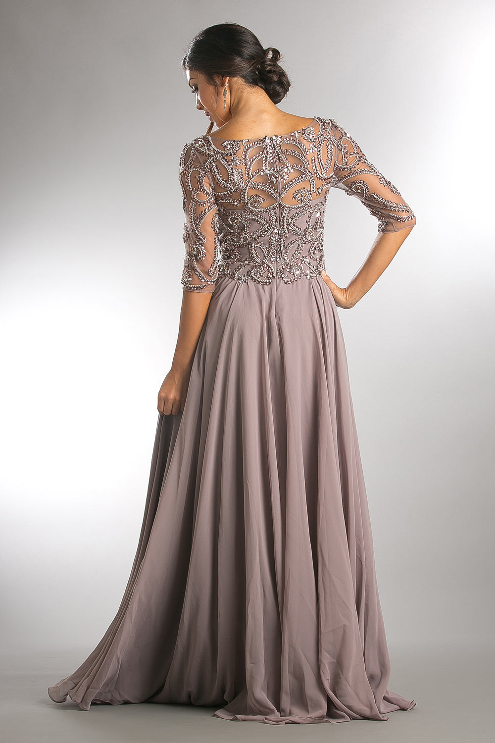 Beaded 3/4 Sleeve V-Neck Chiffon Gown by Amelia Couture 7046