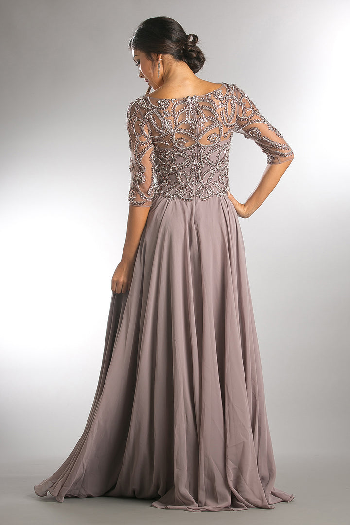 Beaded 3/4 Sleeve V-Neck Chiffon Gown by Amelia Couture 7046