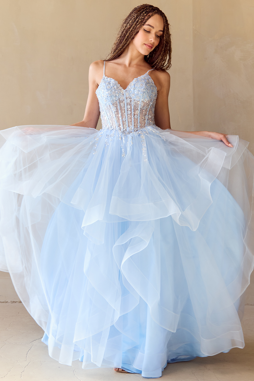 a line layered dress SLEEVELESS BEADED RUFFLES GOWN BY AMELIA COUTURE 5066 ROSE / 8