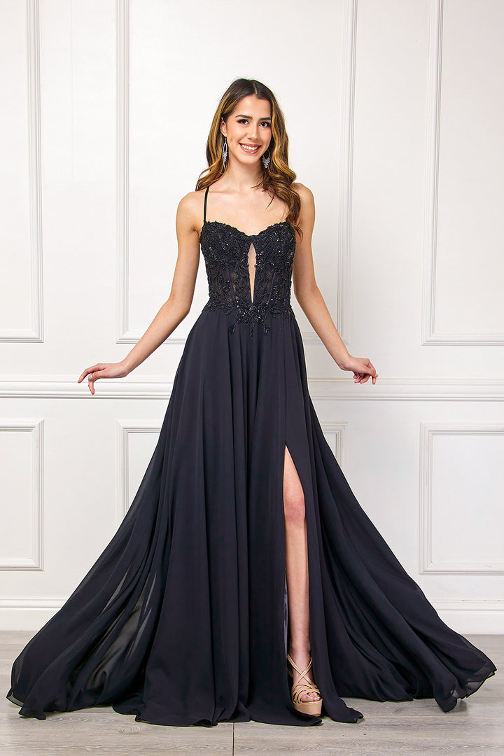 Applique Keyhole A-line Slit Gown by Amelia Couture 7066