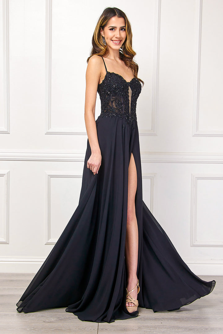Applique Keyhole A-line Slit Gown by Amelia Couture 7066