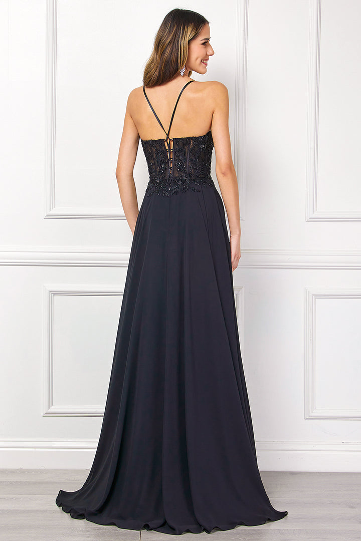Applique Keyhole A-line Slit Gown by Amelia Couture 7066