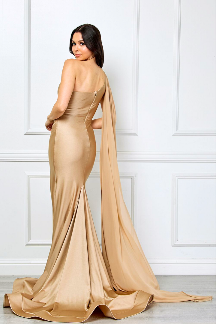 One Shoulder Cape Slit Gown by Amelia Couture 7056