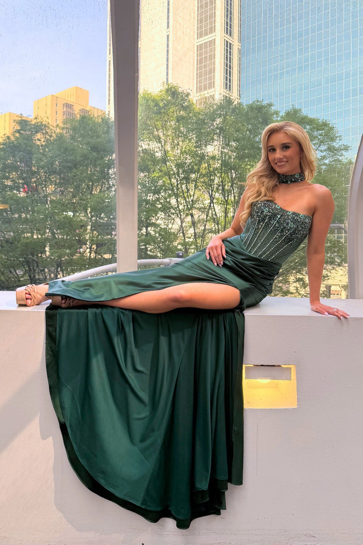Beaded Satin Strapless Slit Gown by Amelia Couture 2131