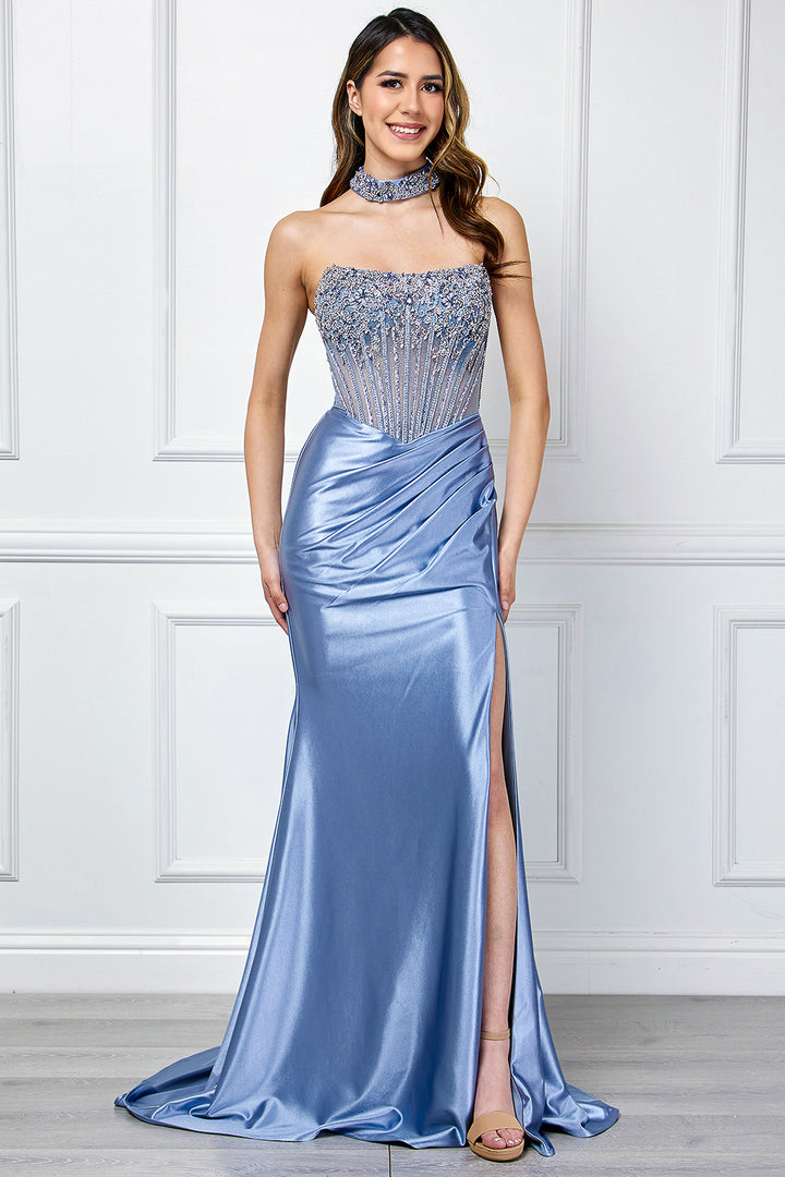 Beaded Satin Strapless Slit Gown by Amelia Couture 2131