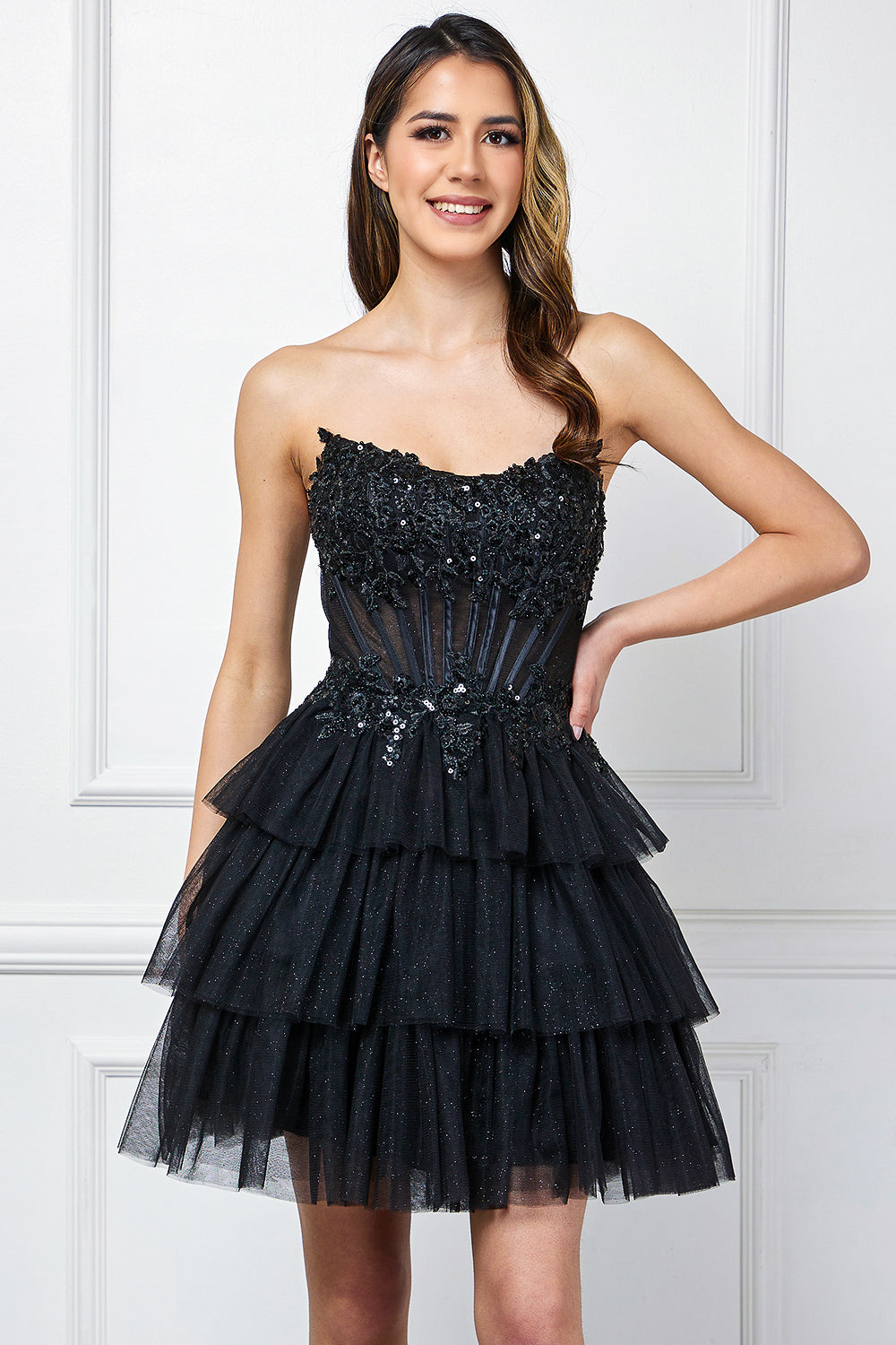 Glitter Short Strapless Tiered Dress by Amelia Couture 9066S