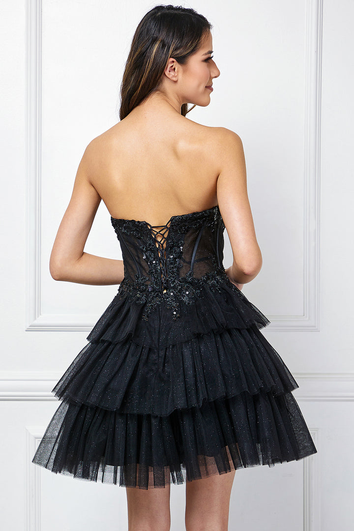 Glitter Short Strapless Tiered Dress by Amelia Couture 9066S