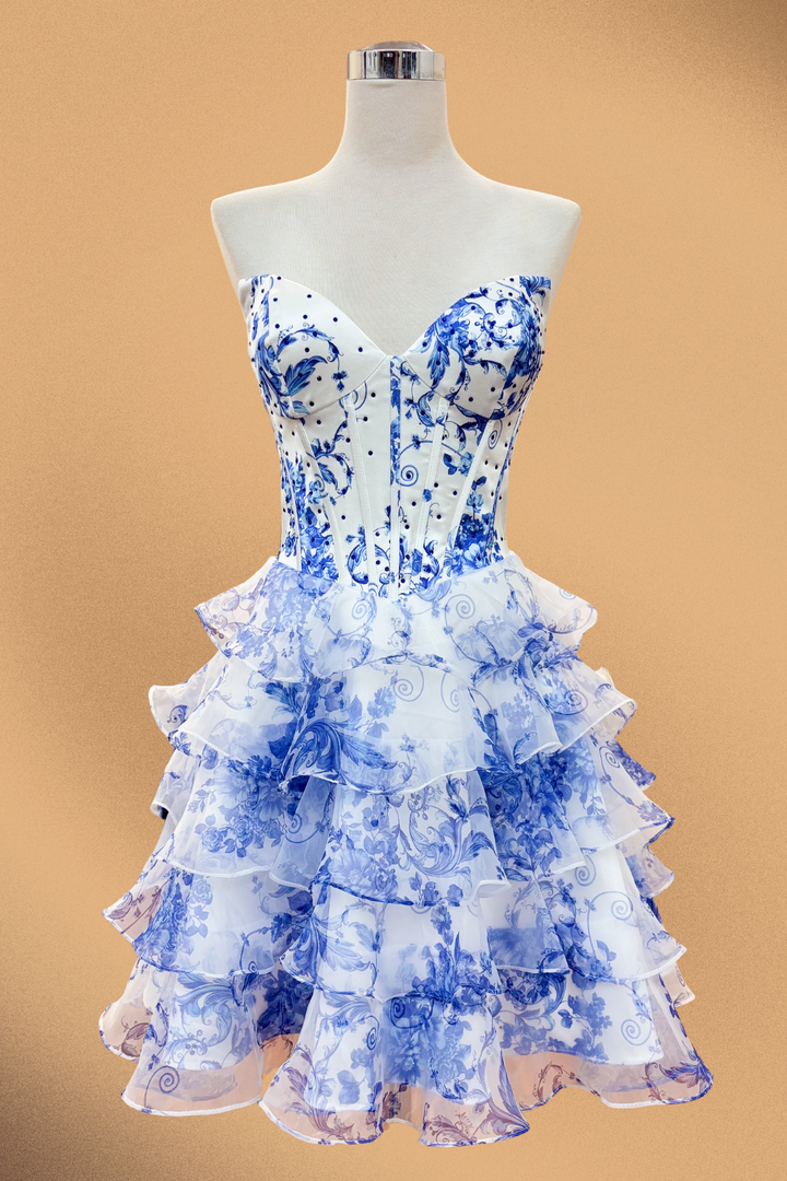 Print Short Strapless Ruffled Dress by Amelia Couture 2069S