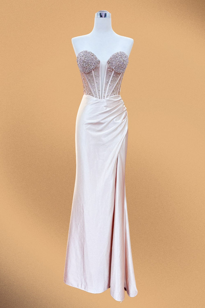 Beaded Satin Strapless Slit Gown by Amelia Couture 5074