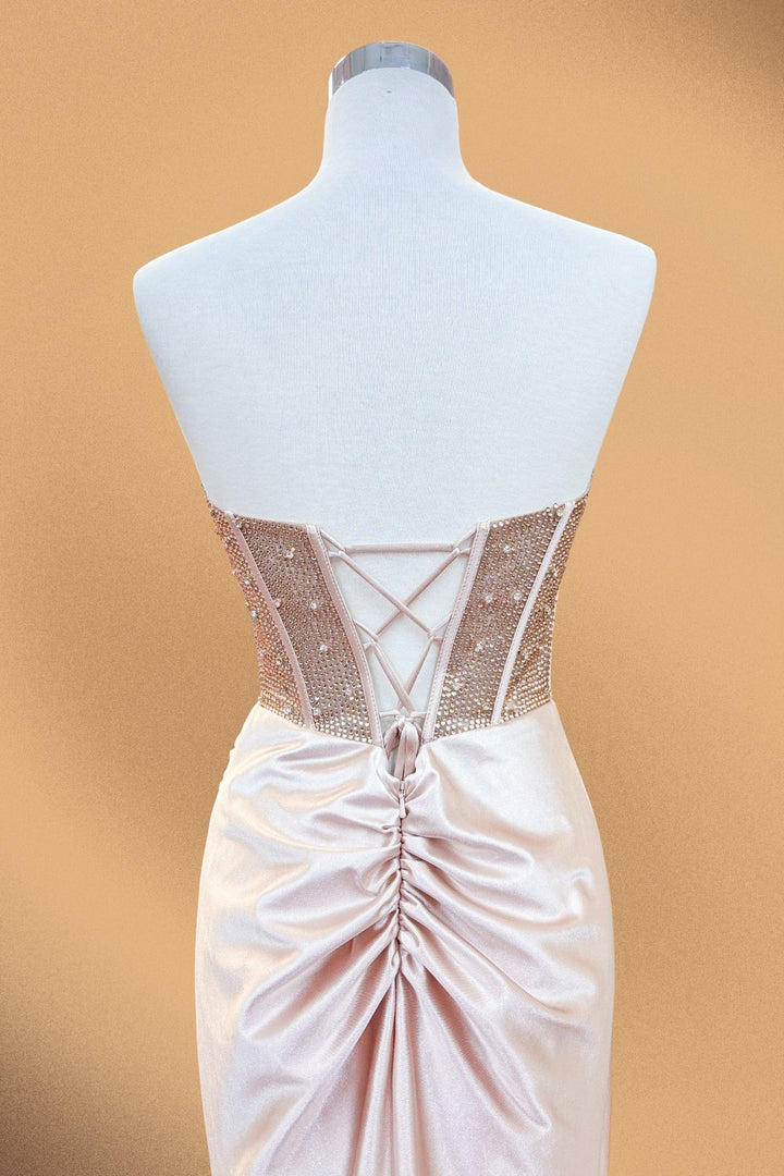 Beaded Satin Strapless Slit Gown by Amelia Couture 5074