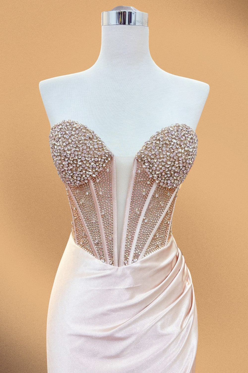 Beaded Satin Strapless Slit Gown by Amelia Couture 5074
