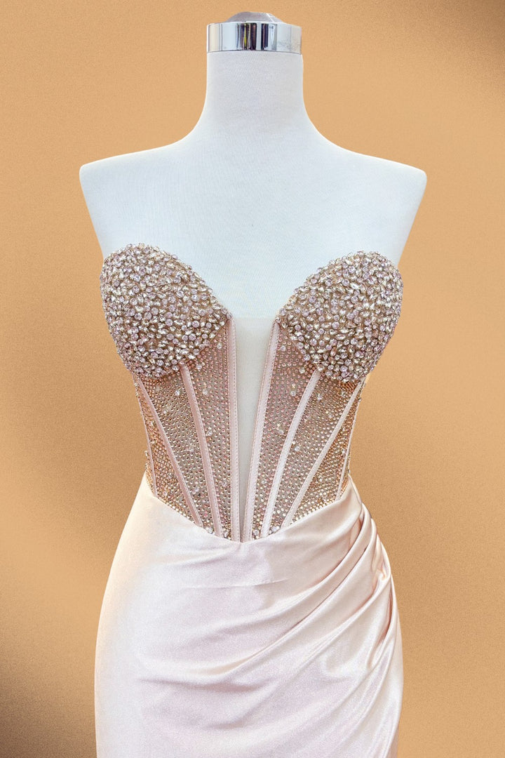 Beaded Satin Strapless Slit Gown by Amelia Couture 5074