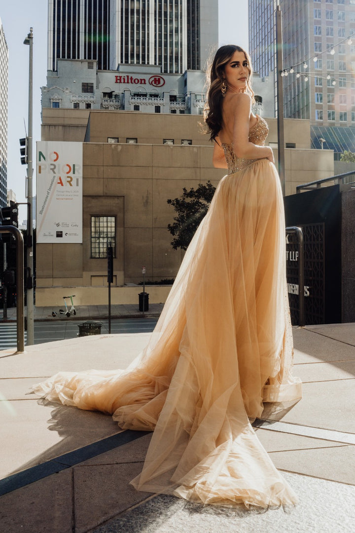 Beaded Strapless Slit Gown by Amelia Couture SU091