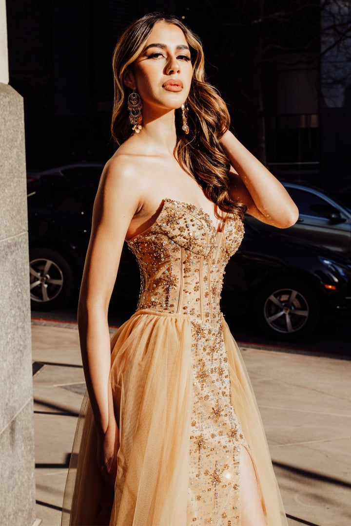 Beaded Strapless Slit Gown by Amelia Couture SU091