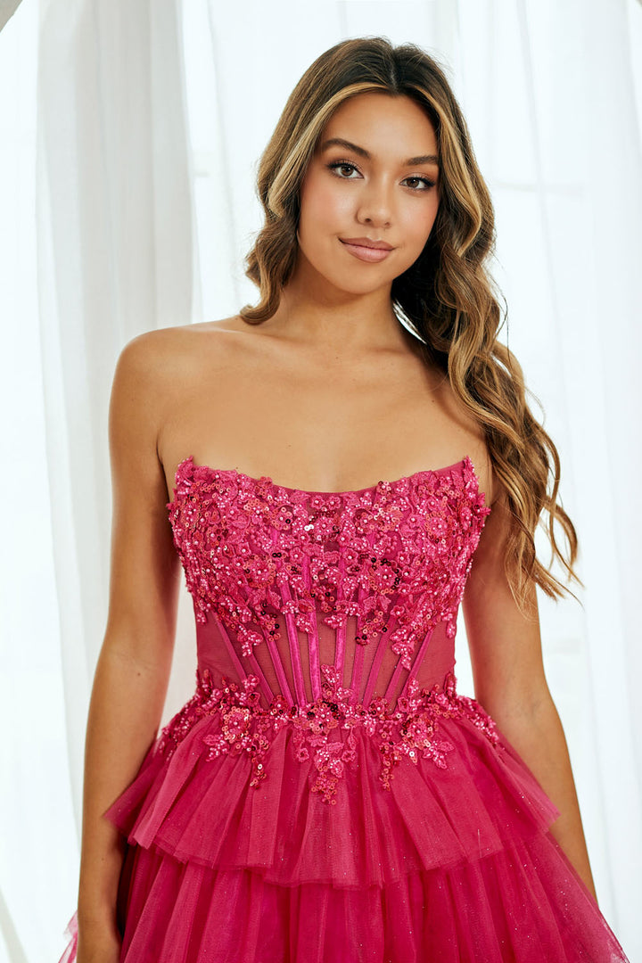 Glitter Short Strapless Tiered Dress by Amelia Couture 9066S