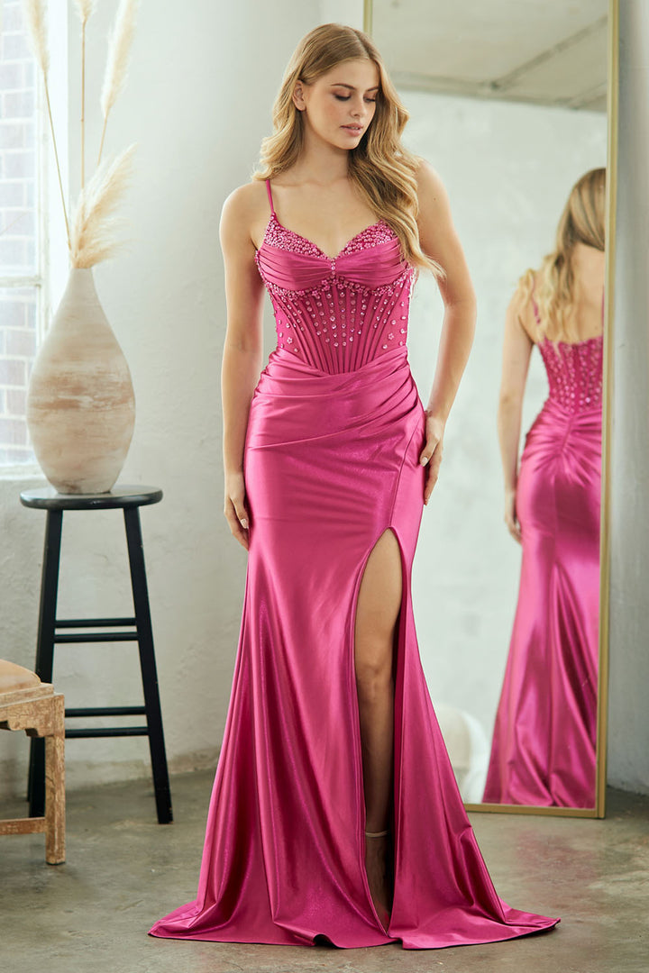 Beaded Satin Sleeveless Slit Gown by Amelia Couture 9067