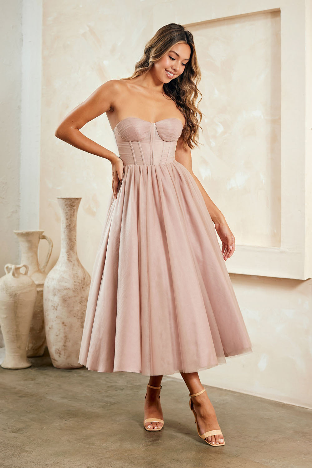 Amelia Couture 6203s - Tulle A-line Midi Dress Dusty Rose / 6 Amelia Couture 6203s - Tulle A-line Midi Dress Dusty Rose / 6