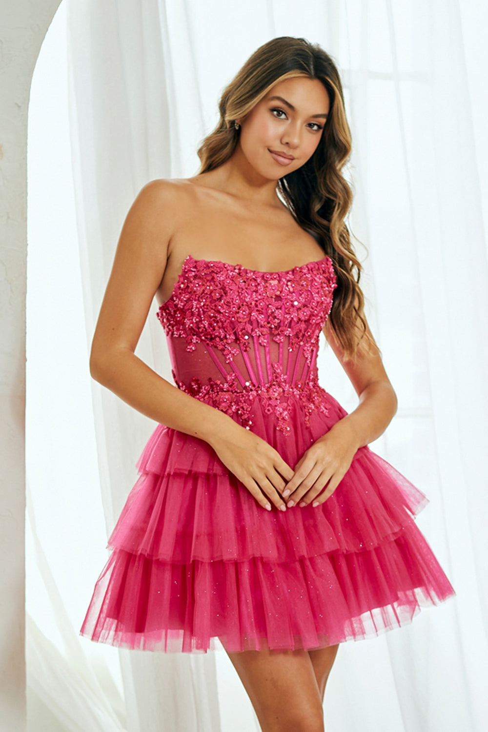 Glitter Short Strapless Tiered Dress by Amelia Couture 9066S