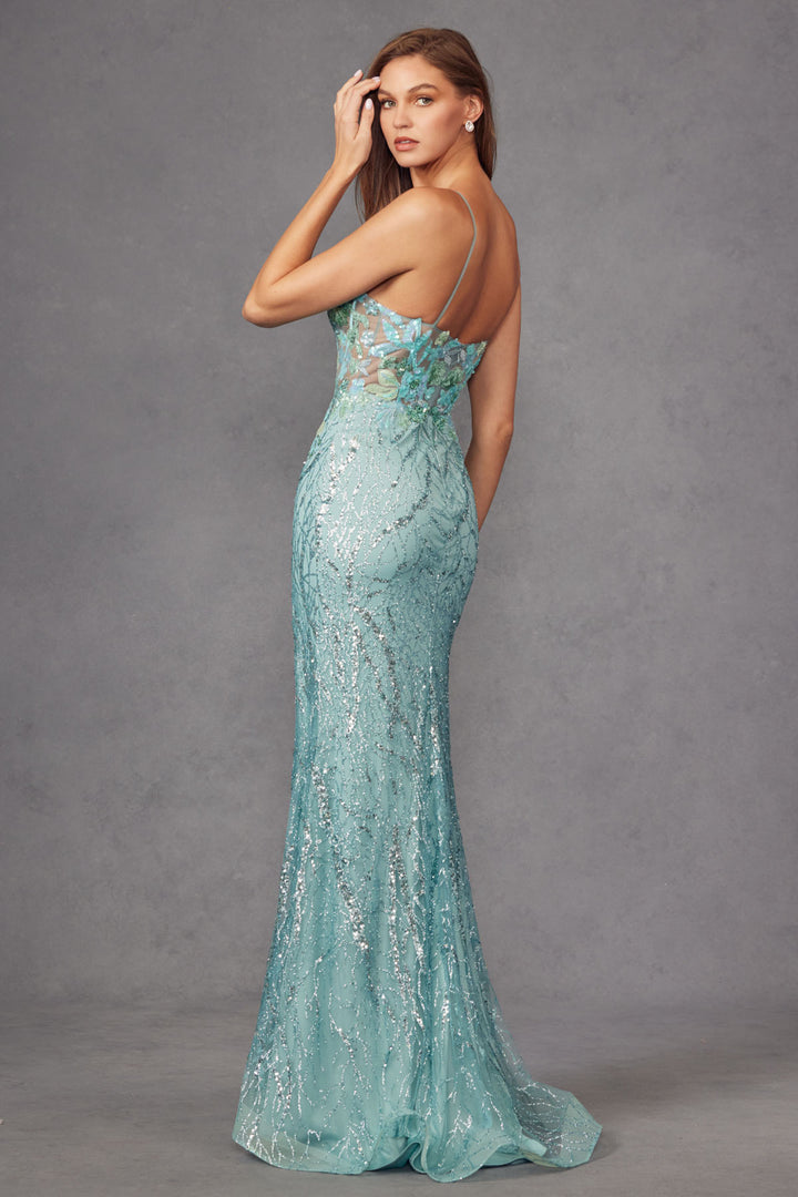 Sequin Applique Fitted Sleeveless Slit Gown by Juliet JT2425A