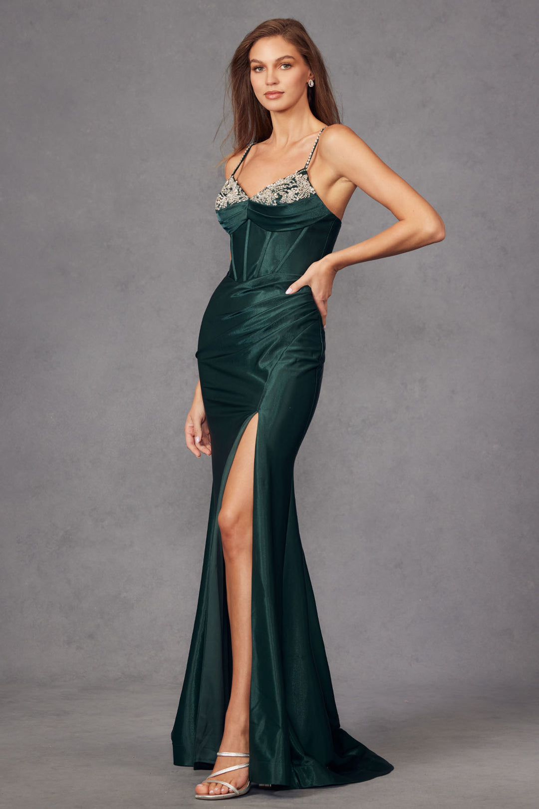 Beaded Fitted Sleeveless Satin Slit Gown by Juliet JT2434A