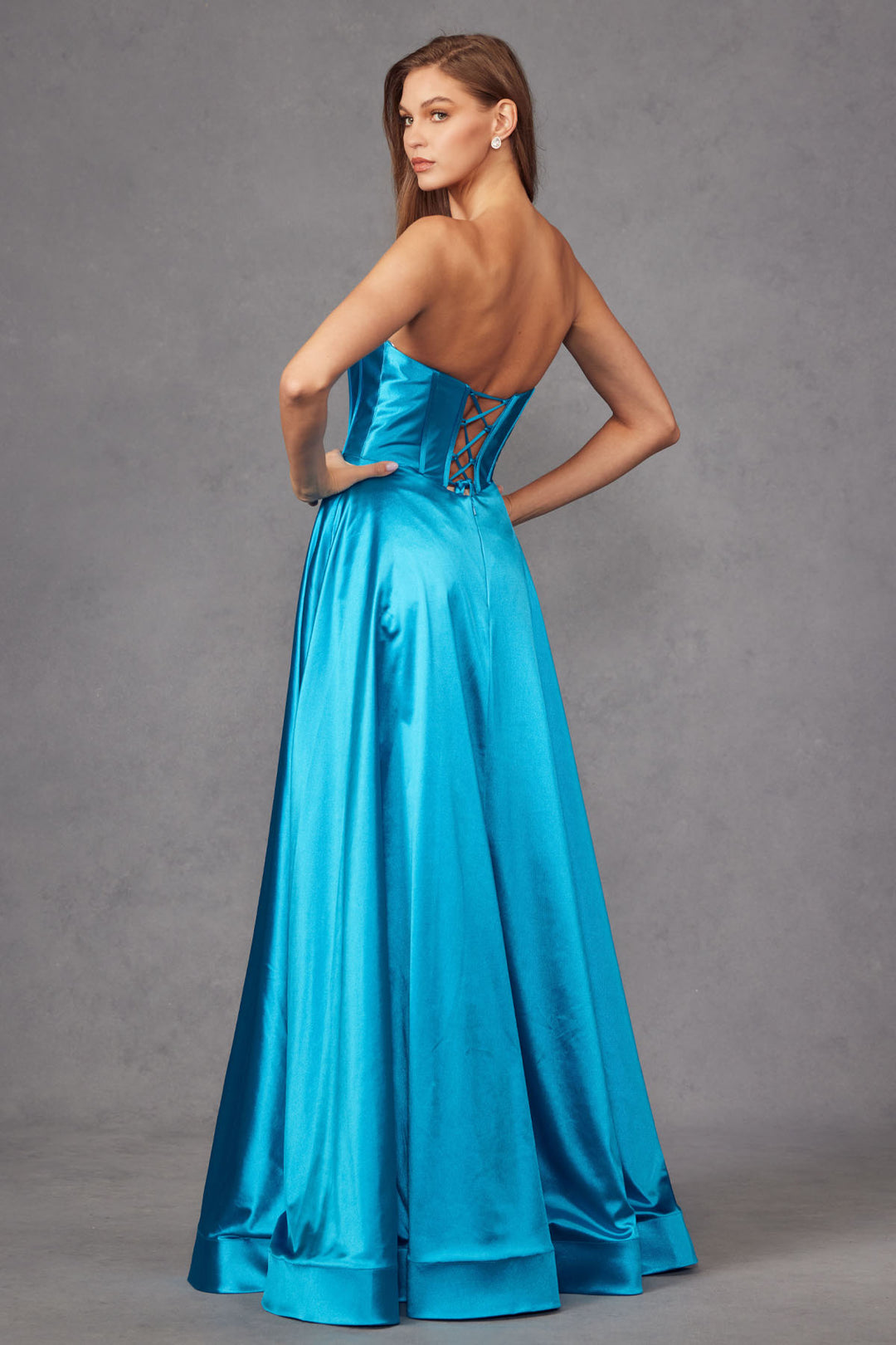 Beaded Mikado Strapless A-line Slit Gown by Juliet JT2435A