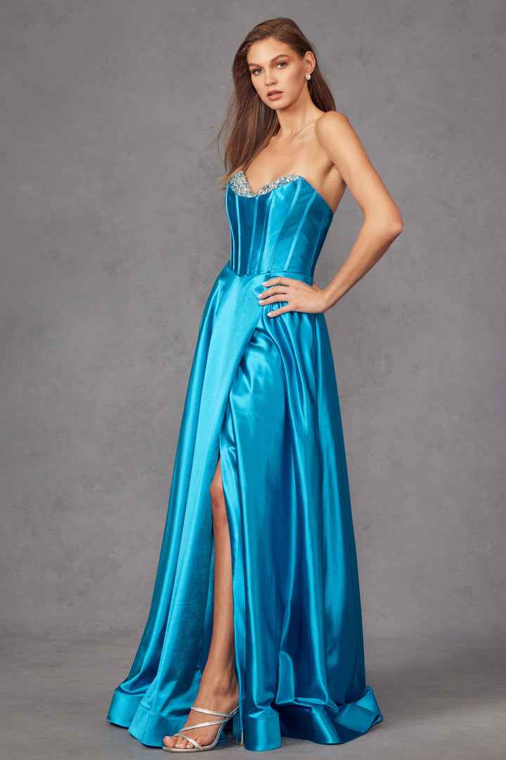 Beaded Mikado Strapless A-line Slit Gown by Juliet JT2435A