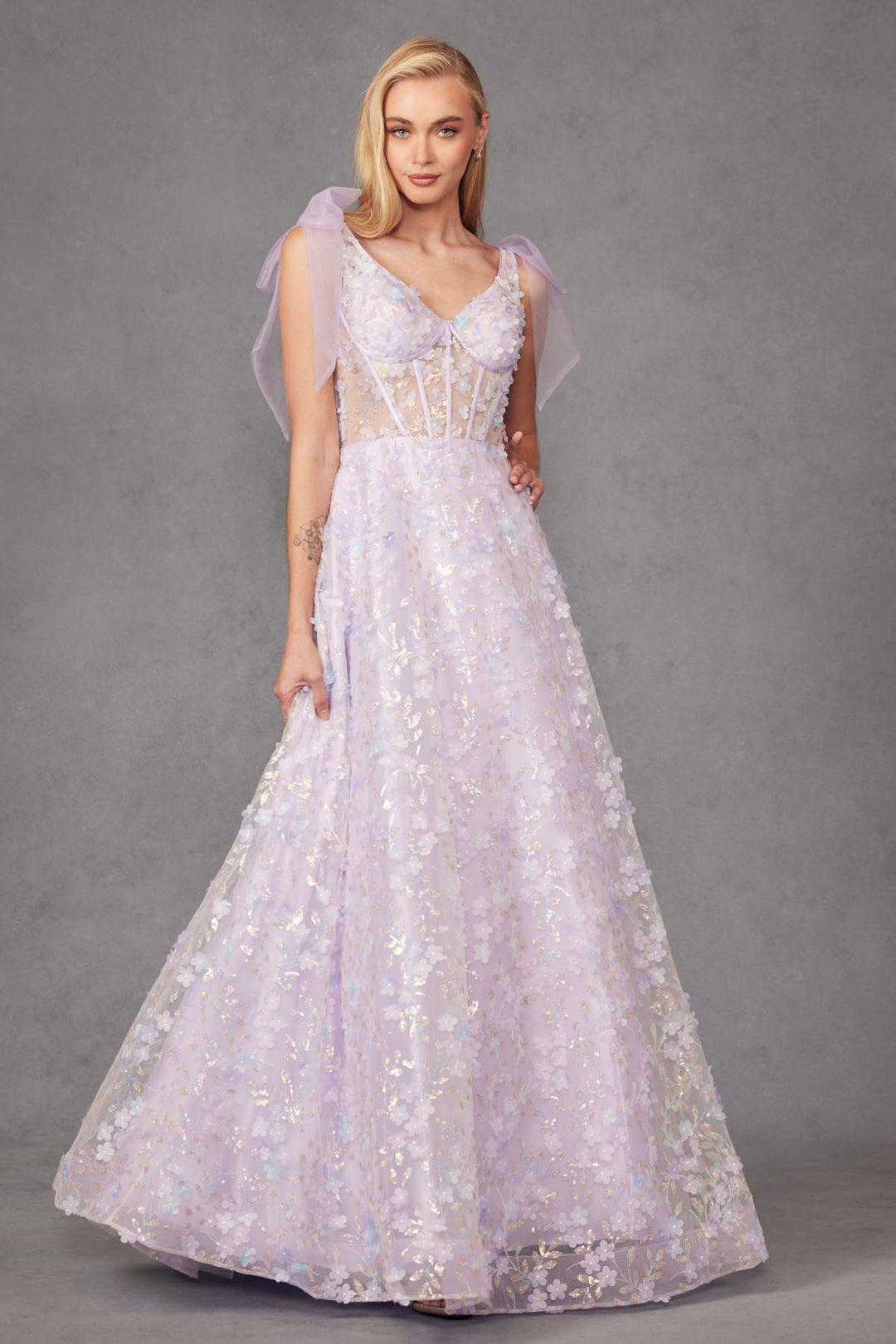 3D Floral Glitter Print Sleeveless A-line Gown by Juliet JT2439K
