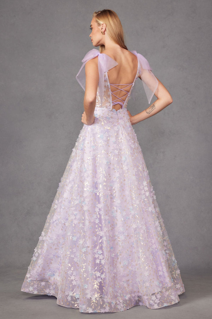 3D Floral Glitter Print Sleeveless A-line Gown by Juliet JT2439K - Outlet