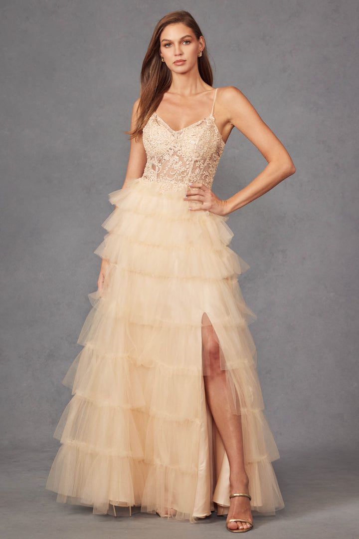 Lace Bodice Sleeveless A-line Ruffled Gown by Juliet JT2451S
