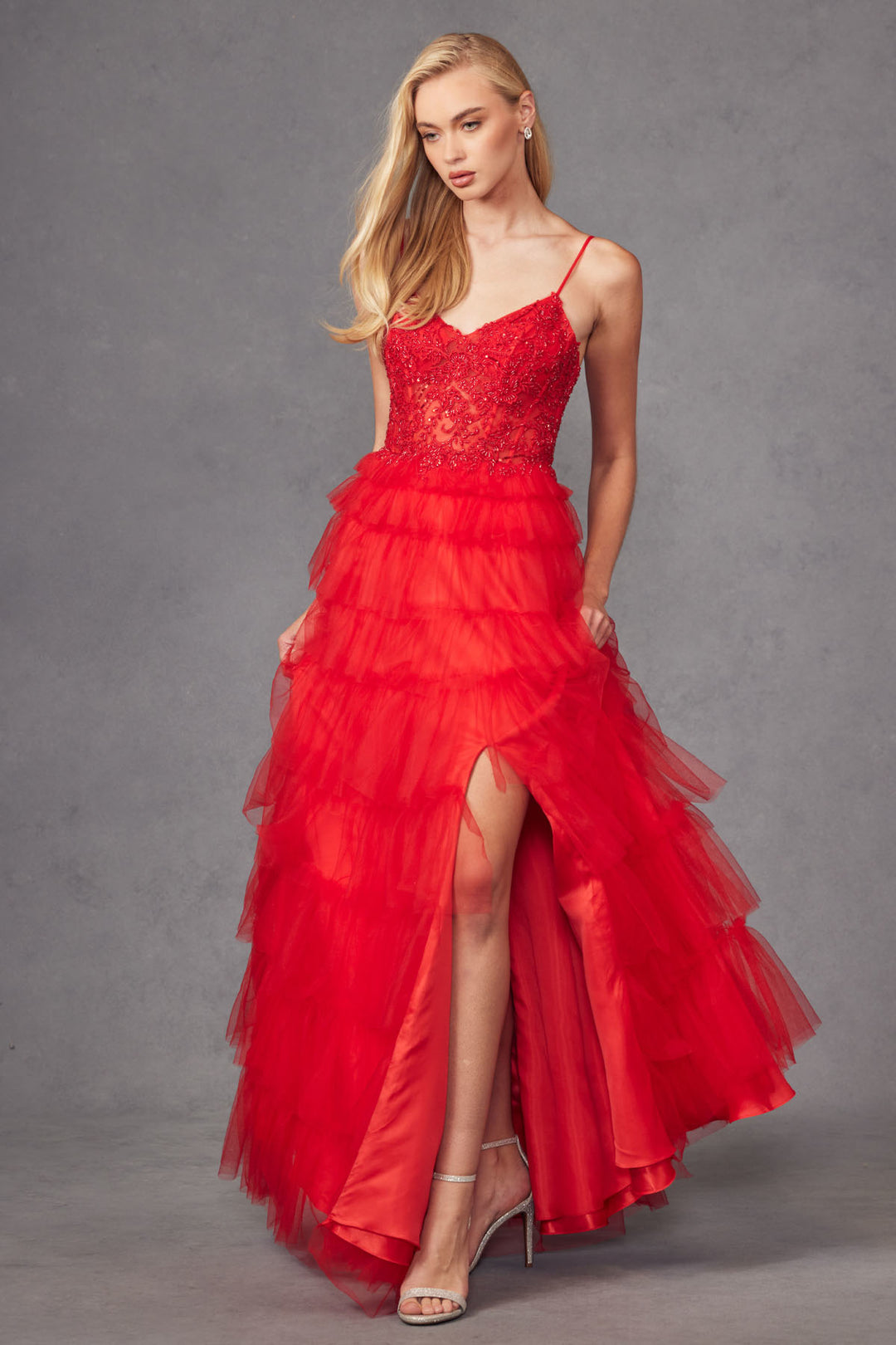 Lace Bodice Sleeveless A-line Ruffled Gown by Juliet JT2451S