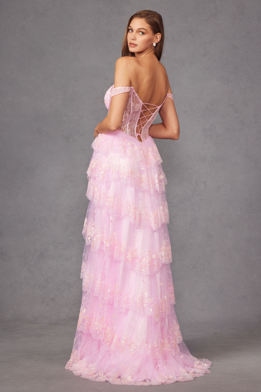 Lace Off Shoulder A-line Tiered Slit Gown by Juliet JT2453K - Outlet