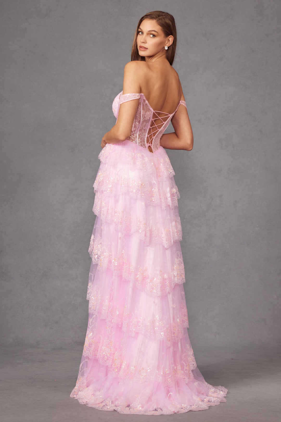 Lace Off Shoulder A-line Tiered Slit Gown by Juliet JT2453K