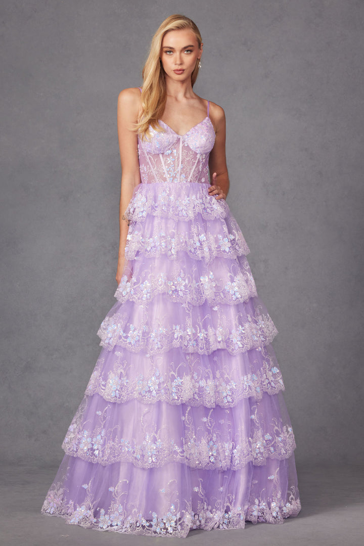 Sequin Applique Sleeveless A-line Tiered Gown by Juliet JT2454K