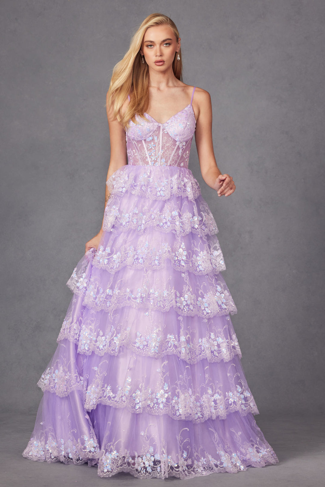 Sequin Applique Sleeveless A-line Tiered Gown by Juliet JT2454K
