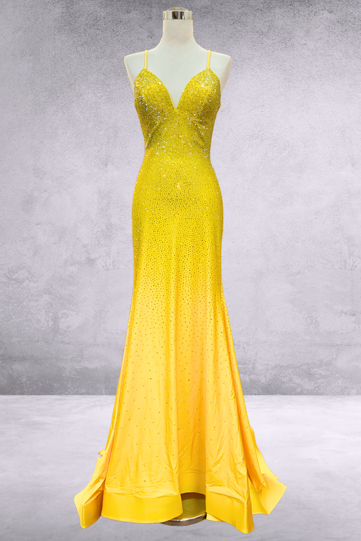 Heat Stone V-Neck Mermaid Gown by Amelia Couture 3018