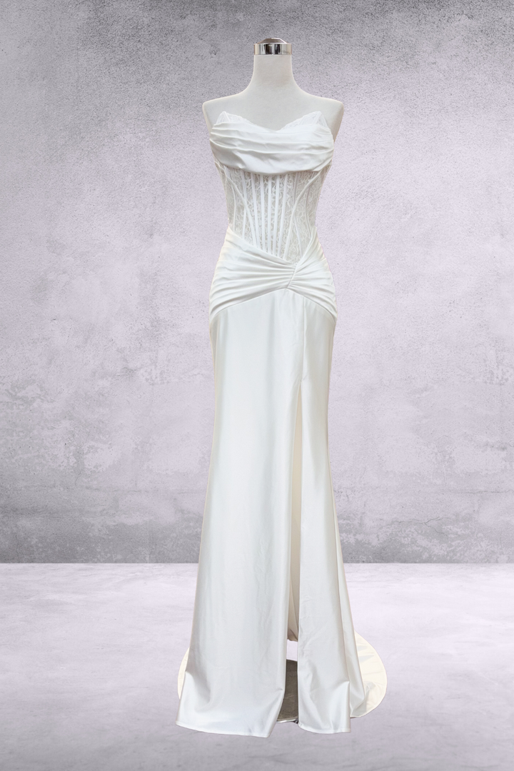 Lace Satin Strapless Slit Gown by Amelia Couture 9077