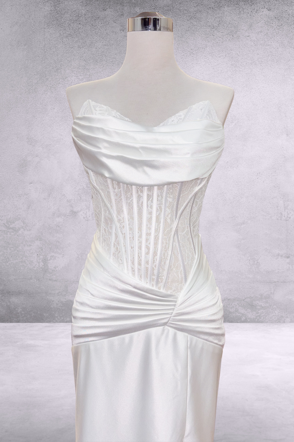 Lace Satin Strapless Slit Gown by Amelia Couture 9077