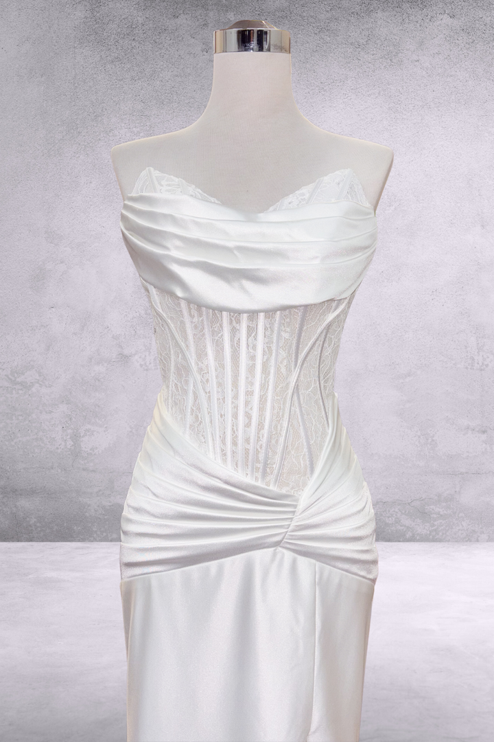 Lace Satin Strapless Slit Gown by Amelia Couture 9077